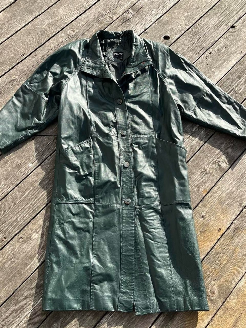 Pelle dark green vintage leather trench coat